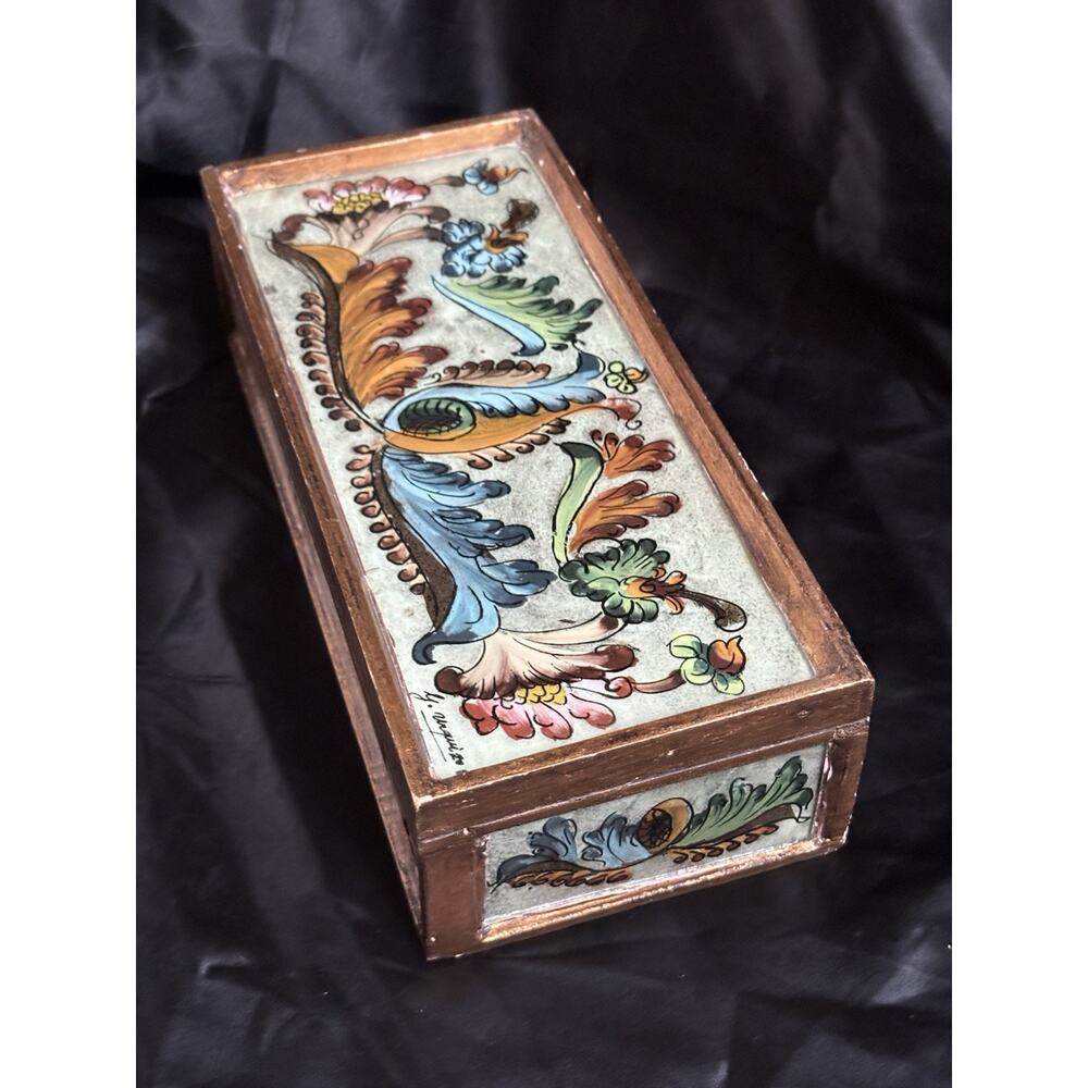 Vintage Peruvian Hand Painted Reverse Glass Box Signed By Artist Floral Decor 9"